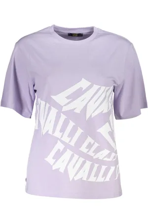 Roberto Cavalli FIOLETOWY T-SHIRT DAMSKI Z KRÓTKIM RĘKAWEM