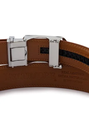 Beltimore Pasek męski skórzany klamra automatyczna brązowy A48 : Kolory - brązowy, beżowy, Rozmiar pasków - r.115-130 cm