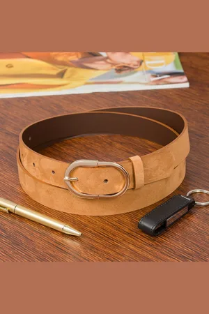 Beltimore Skórzany pasek damski do spodni sukienki camelowy skóra nat. zamszowa 3 cm E52 : Kolory - brązowy, beżowy, Rozmiar pasków - r.90-105 cm