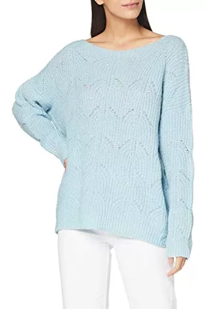 Yumi Kobieta Swetry i Pulowery - Damski niebieski sweter z koronkowym ściegiem z cekinami