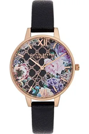 Olivia Burton Analogowy zegarek kwarcowy dla kobiet z czarną skórzaną bransoletką - OB16GH11, , bransoletka