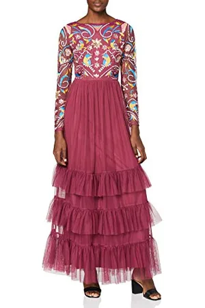 Frock and Frill Damska sukienka maxi z długim rękawem, haftowana spódnica z falbankami, koktajlowa, , 40