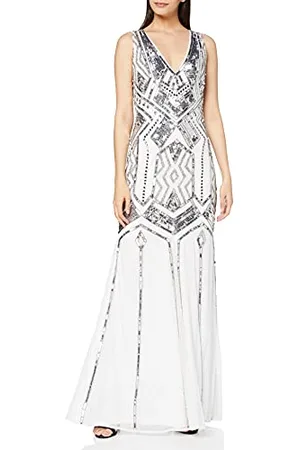 Frock and Frill Damska sukienka koktajlowa Gilda z dekoltem w serek Embellished Maxi Dress, biały (White #111111), 34 PL