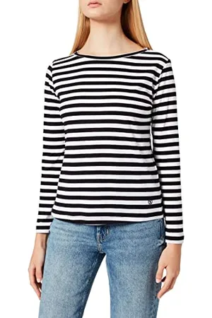Cross Jeans Damska koszulka z długim rękawem, Biały/Czarny, XL