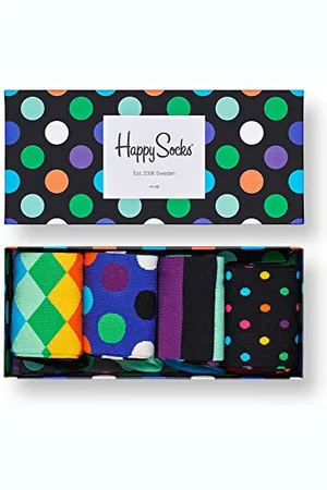Happy Socks Big Dot Gift Box, kolorowe i zabawne, Skarpety dla kobiet i mężczyzn, Czarny-Niebieski-Zielony-Pomarańczowy-Liliowy-Turkus-Biały 4 pary (36-40)