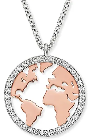 Engelsrufer Damen-Halskette mit Anhänger in Form Einer Weltkarte, aus 925er Sterling Silber, mit Zirkonia Steinen, Karabinerverschluss, Größe: 44 cm, ERN-World-BICOR-ZI