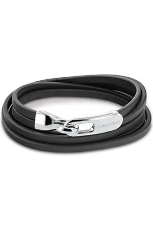 Calvin Klein Herren-Armband aus schwarzem Leder und Edelstahl hergestellt, aus der Wrapped & Braided Kollektion, Hakenverschluss, Länge: 19 cm, 35000109
