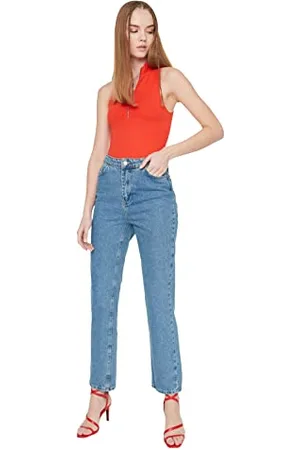 Trendyol Blue High Waist Long Narrow Straight Jeans Kobiety, , 28