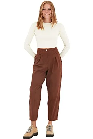 Trendyol Damskie spodnie z wysokim stanem, skinny fit, spodnie marchewkowe, brązowy, 36