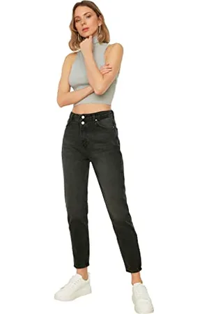 Trendyol Black Double Button High Waist Mom Jeans Damskie, , 34