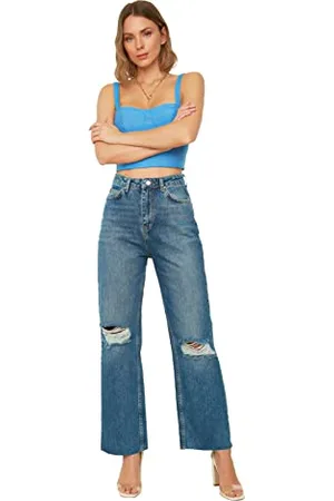 Trendyol Dark Blue Torn Szczegółowe jeansy z wysokim stanem szeroko nogawkami damskie, Ciemny niebieski, 34