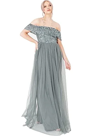 Maya Deluxe Damska Mglisty Zielony Bardot Zdobiona Sukienka Maxi Druhna, , 46