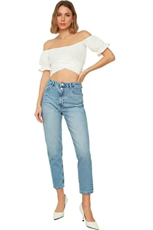 Trendyol Blue Double Button High Waist Mom Jeans Damskie, , 40