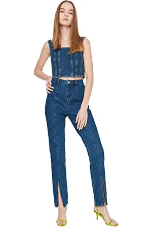 Trendyol Damskie dżinsy Blue Root zapinane na zamek z wysokim stanem, , 66