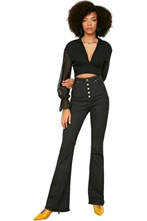 Trendyol Przód Button Wysoki Stan Flare Jeansy Damskie, , 34