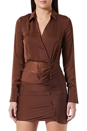 Pretty Darling Damska czekoladowa satynowa sukienka z dekoltem w serek, długie rękawy, marszczona, bodycon, , 34-36
