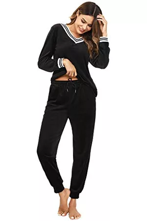 Irevial Kobieta Dresy Zimowe - Damski welurowy strój domowy, piżama Nicki, długa, zimowa, miękka piżama, zestaw dwuczęściowy, flanelowy dres treningowy, górna część i spodnie z kieszeniami, czarny, XL