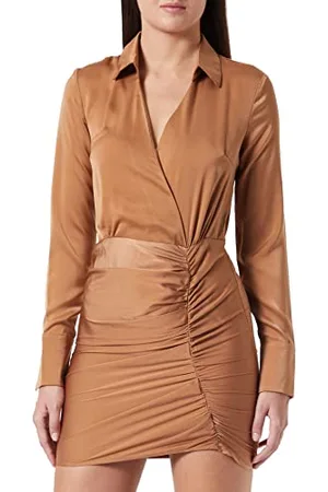 Pretty Darling Damska sukienka z piaskiem, satyna, dekolt w serek, długie rękawy, marszczona sukienka bodycon na co dzień, , 38