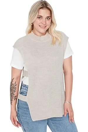 Trendyol Damski sweter z wysokim dekoltem, gładki luźny sweter plus size, kamień, 2XL, , XXL