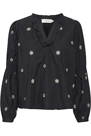 Cream Damska bluzka Embroidery V-Neck Frill Details, Pitch Black, 34
