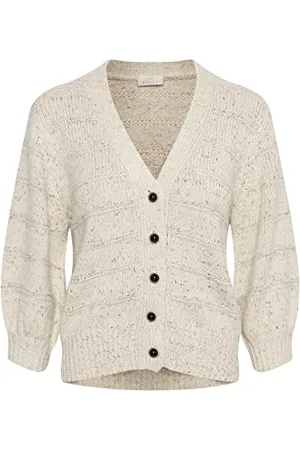 Kaffe Damski sweter z dzianiny kardigan zapinany język rękawy, Broken White/Black Melange, XL