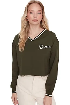 Trendyol Damska bluza z dekoltem w serek i sloganem, , XL