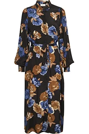 Kaffe Damska koszula Maxi Tie Waist Printed Długi rękaw, Czarny/brązowy/duży kwiat, 34