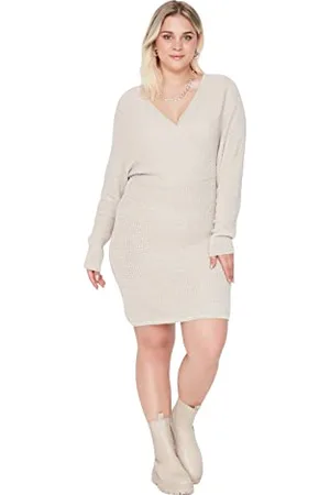 Trendyol Damska mini standardowa regularna sukienka plus size, beżowa, 4XL, , 4XL-Du?e rozmiary