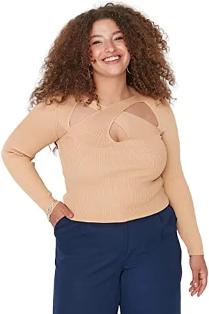Trendyol Damska bluza z dzianiny w rozmiarze plus slim dwurzędowa dzianina z dekoltem w serek plus size, , 4XL Duże rozmiary