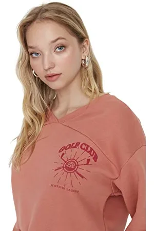 Trendyol Damska bluza z okrągłym dekoltem z dopasowanym hasłem, Dusty Rose, XS