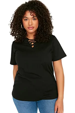 Trendyol Damska koszulka Plus Size Regular Standard V Neck Woven Plus Size Black, , XLus