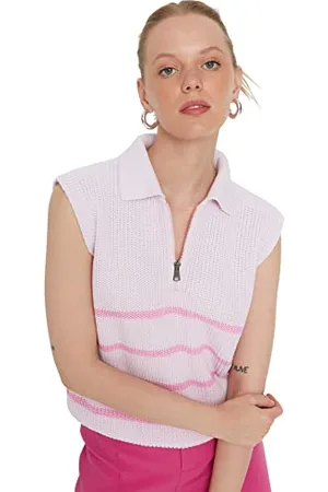Trendyol Damska bluza z dzianiny w paski, z zamkiem błyskawicznym, puder, M, , M