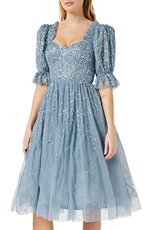 Maya Deluxe Damska sukienka damska Midi Sequin Embellished Frilly Sweetheart Neckline Puffed Sleeves for Wedding Guest Prom Evening sukienka, , 46