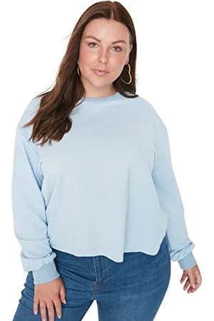 Trendyol Damska bluza z okrągłym dekoltem, gładka regularna, plus size, jasnoniebieska, XXL