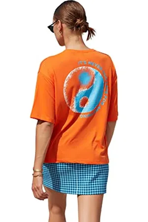 Trendyol Damska młoda oversize standardowa bawełniana koszulka z okrągłym dekoltem, , XS