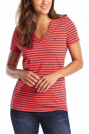 Nautica Damska koszulka Easy Comfort z dekoltem w serek, w paski, super miękka bawełna, , L