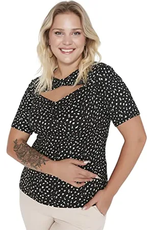Trendyol Damska bluzka damska slim bodycon choker wysoki dekolt dzianina plus size bluzka koszula, , 5XL