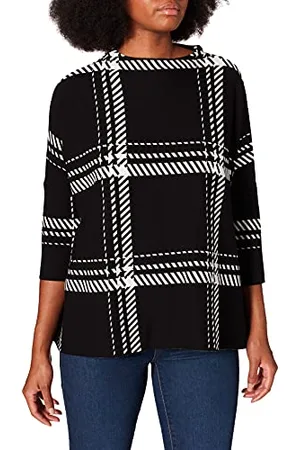 Gerry Weber Damski sweter z rękawami 3/4 oversize, rękaw 3/4, przecięte ramiona, sweter 3/4, okrągły dekolt, sweter oversize w kratkę, czarny/kremowy, S