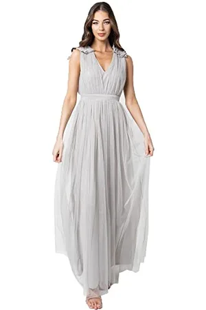 Maya Deluxe Taupe Rumieniec Maxi Sukienka z Ruffle Shoulder Detail Damska sukienka druhny, , 52