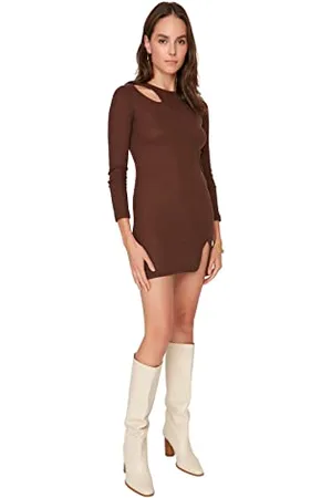 Trendyol Damska sukienka mini bodycon z okrągłym dekoltem, brązowa, XL, , XL