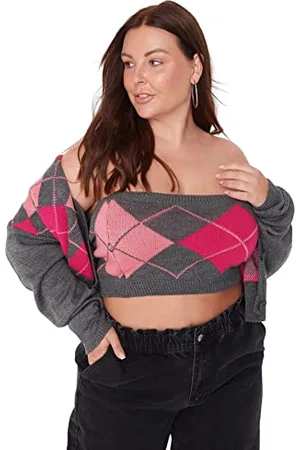 Trendyol Damski luźny kwadratowy kołnierz dzianina plus size kardigan sweter (opakowanie 2 szt.), , 4XL