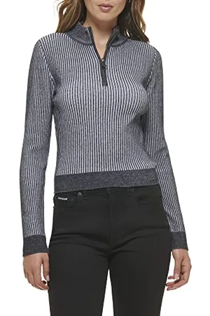 DKNY Damska bluza z długim rękawem z zamkiem błyskawicznym do połowy dekoltu, czarna/biała, S, czarny/biały, S