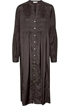 Cream Damska koszulka Midi Dress Front Buttons Długi Rękaw Jedwabny Casual, , 36