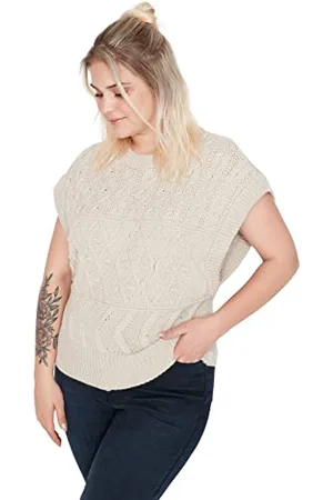 Trendyol Damski okrągły dekolt gładki luźny sweter plus size, kamień, 5XL, , 5XL