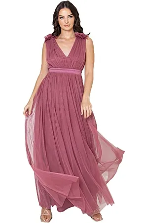 Maya Deluxe Damska sukienka maxi z falbanką na ramionach, druhna, , 20