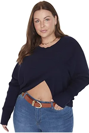 Trendyol Damska bluza z dekoltem w serek, zwykła, plus size, granatowa, XL
