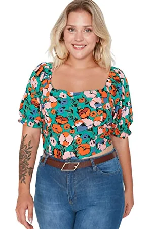 Trendyol Damska regularna standardowa kwadratowa bluzka z kołnierzem plus size, , 70