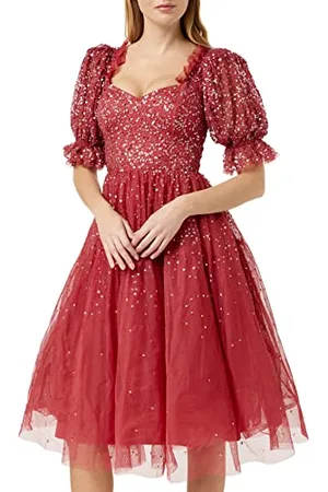 Maya Deluxe Sukienka damska Midi Sequin Emmbellished Frilly Sweetheart Neckline Puffed Sleeves for Wedding Guest Prom Evening sukienka damska, , 6
