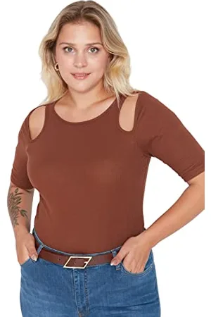 Trendyol Damska damska damska szczupła bodycon okrągły dekolt dzianina plus size bluzka koszula, brązowa, 3XL, , 3XL