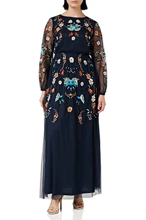 Frock and Frill Damska kwiecista haftowana sukienka na specjalne okazje, granatowa, 10, , 36